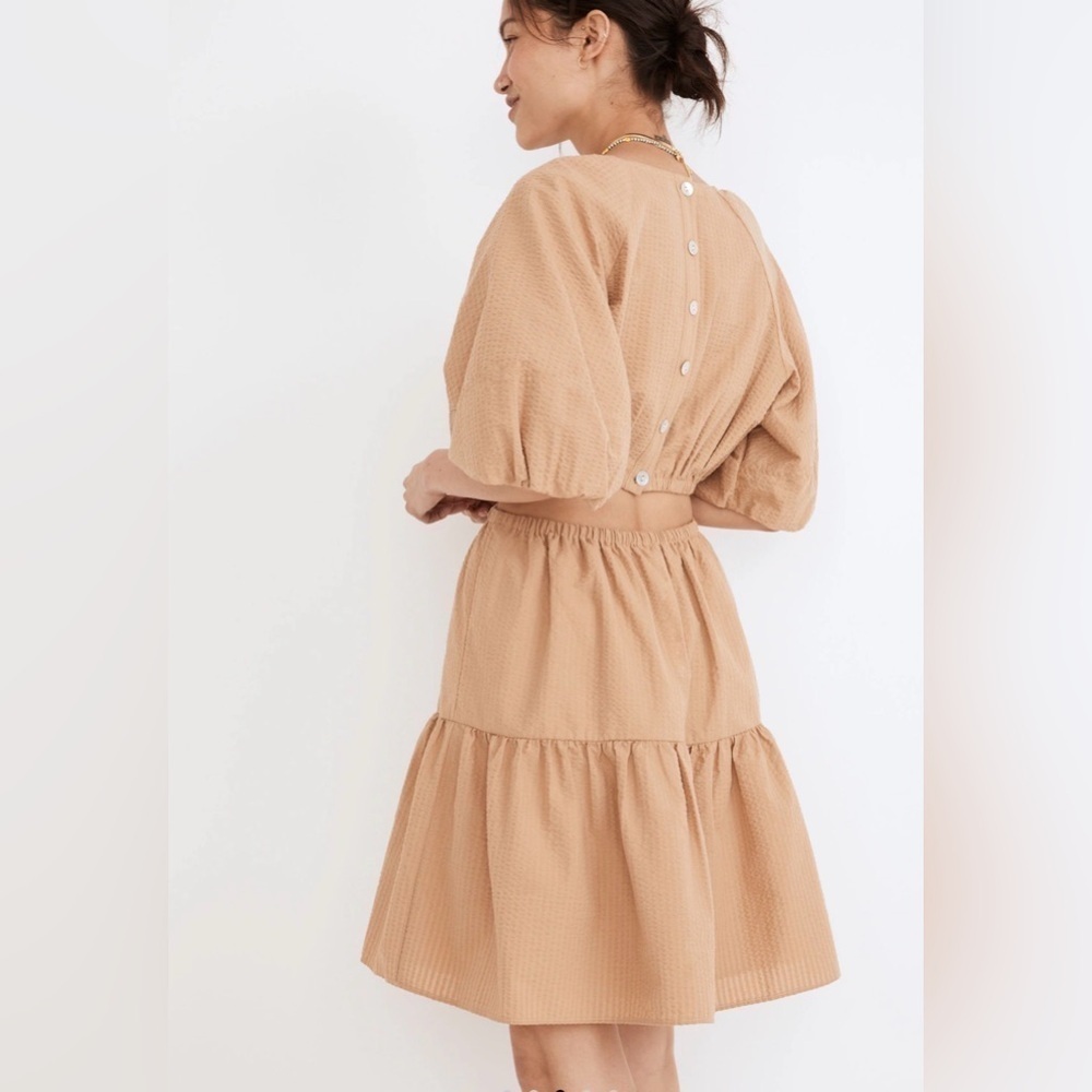 Seersucker Puff-Sleeve Cutout Mini Dress